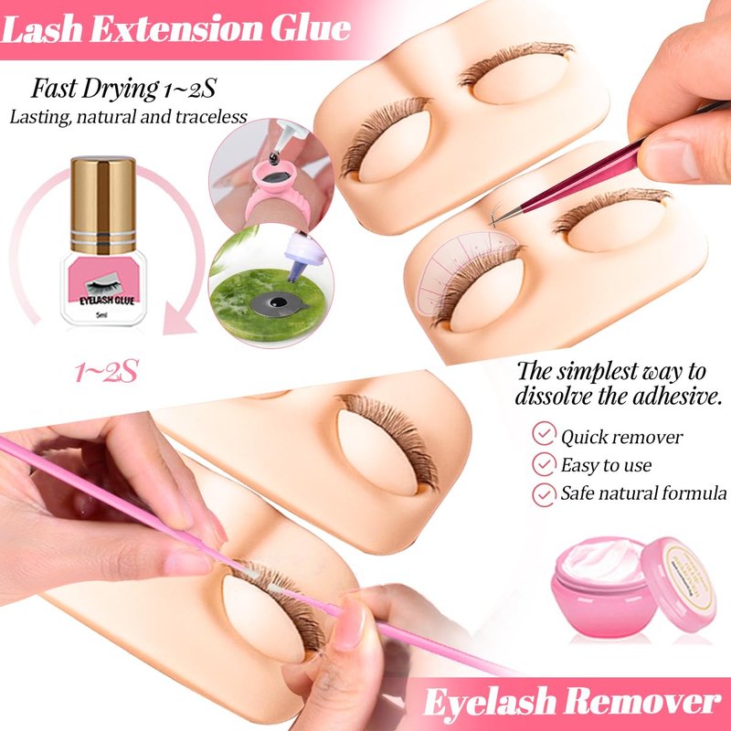 QUKLOGEN Lash Extension Kit for Beginners Lash Mannequin Head with Replaced Eyelids False Eyelashes Practice Eyelash Strips Facial Mister Tweezers Glue USB Fan Professional Set