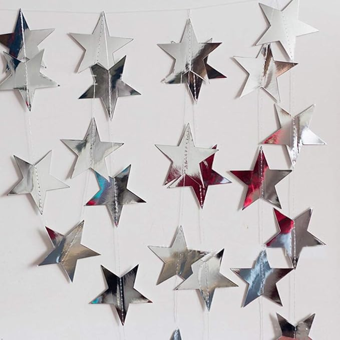 Silver Star Garland Banner Decorations - 156 Feet Bright Silver Paper Garland Hanging Decorations, Glitter Star Bunting Banner for Wedding, Birthday, Holiday, Christmas Party