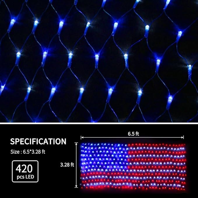 YULIANG LED American Flag Lights,6.5ft*3.2ft Waterproof Led Flag Net Light Outdoor for 4th of July Decorations,Independence Day,Memorial Day, Festival, Garden,Outdoor Christmas Decoration