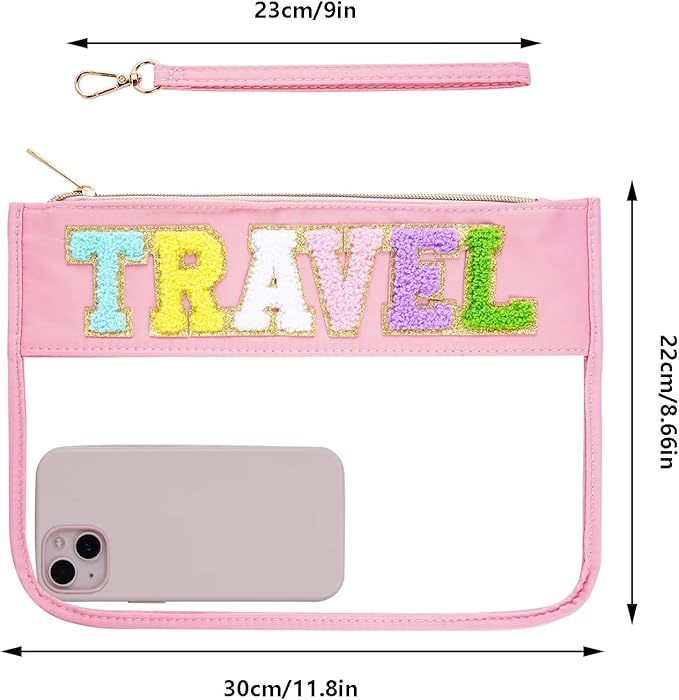 Chenille Letter Bag, Multi-purpose Nylon Clear Makeup Cosmetic Bags Flat Pouches with Zipper for Travel, Gym, Beach (Pink-Travel)