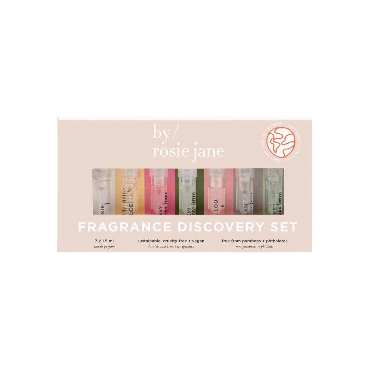 By Rosie Jane Discovery Perfume Set - 7 Piece Travel Size Perfume Set - Gift Set Includes Scents Rosie, Dulce, Missy, Remi, Leila Lou, Dylan & Lake - Clean Perfume for Women (7 Count)