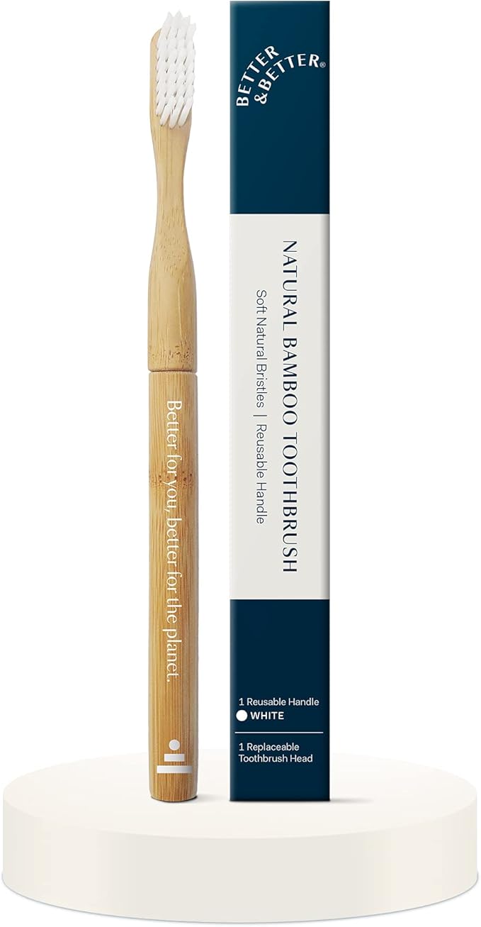 Better & Better Natural Bamboo Toothbrush | Soft Bristles | 100% Plant-Based | Reusable Handle and Replaceable Brush Head | Eco-Friendly, Zero Plastic | Adult Size, White
