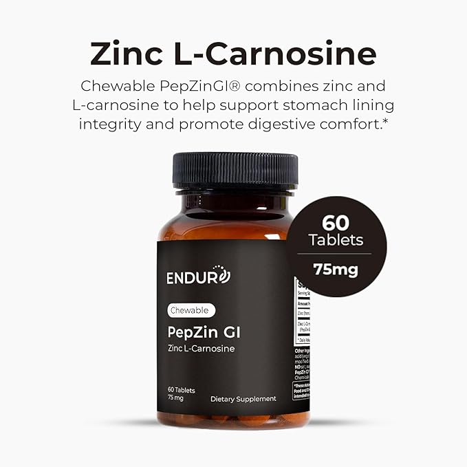Endur PepZinGI ZINC-CARNOSINE Chewables, Digestive Supplement, Gentle & Effective Formula for Digestive Wellness, Gluten Free, 75mg (60 Tablets)