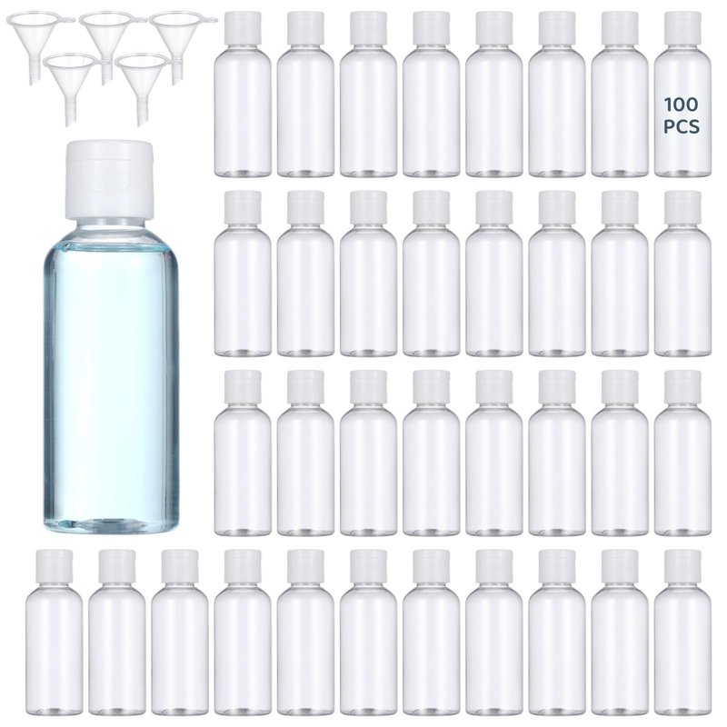 100 Pack 2 oz Plastic Empty Travel Bottles with Flip Cap 60ml Travel Size Containers Portable Leak Proof Clear Plastic Bottles Refillable Dispensing Bottles for Liquid Shampoo Lotion White