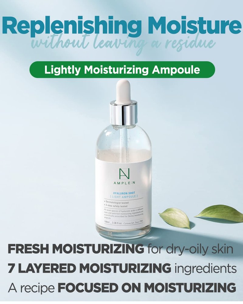 AMPLE:N Hyaluron Shot Light Serum - Korean Hyaluronic Acid Moisturizing Serum - Hydrate Oily and Combination Skin and Restore Vitality – Plumping, Refreshing, Anti Aging Ampoule, 3.38 fl.oz.