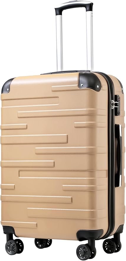 Coolife Hardside Checked Luggage with TSA Lock, Spinner Wheels, Telescopic Handle, Lightweight Suitcase (Champagne, L(28in))