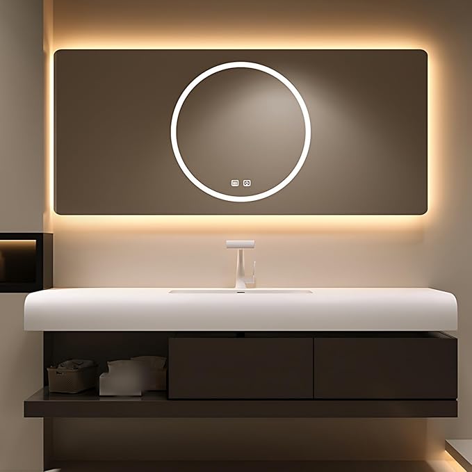 44IN Bathroom Vanity with Sink - Bathroom Cabinet Set has 2 Drawers & Overflow Hole Wall Mounted | LED Practical Defogging Mirror, Open Compartments, Seamless Rock Slab Basin (Coffee)