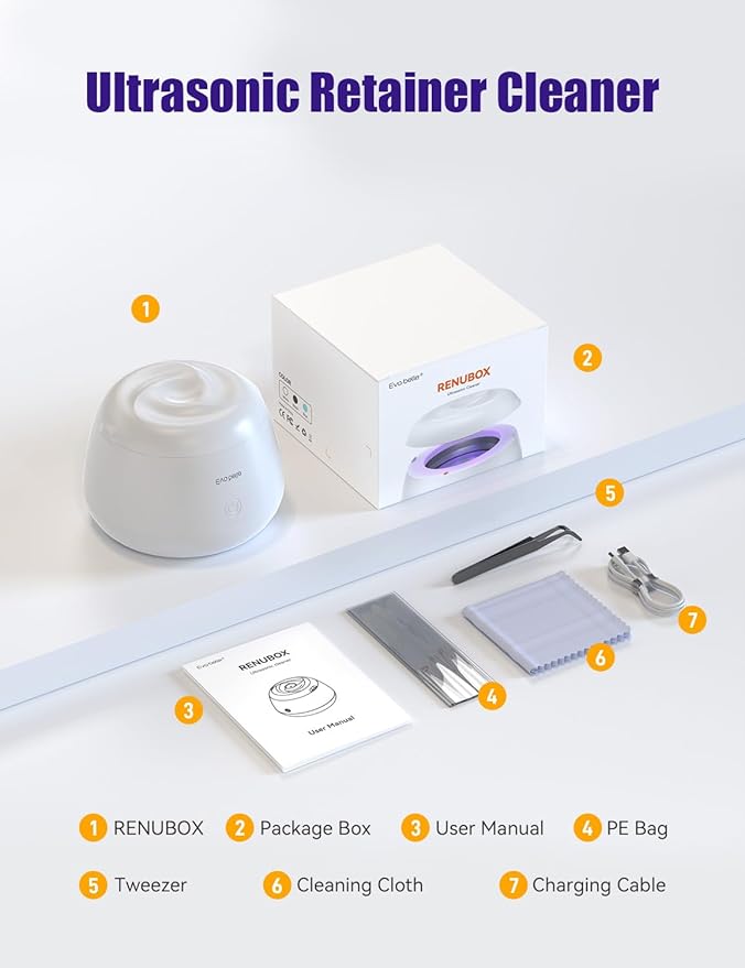 Ultrasonic Retainer Cleaner, EVA BELLE Rechargeable Denture Cleaner Machine, Tooth Cleaner MouthGuard Cleaner, Portable Retainer Cleaner for Night Guards, Braces, Aligner, Toothbrush, Jewelry and More