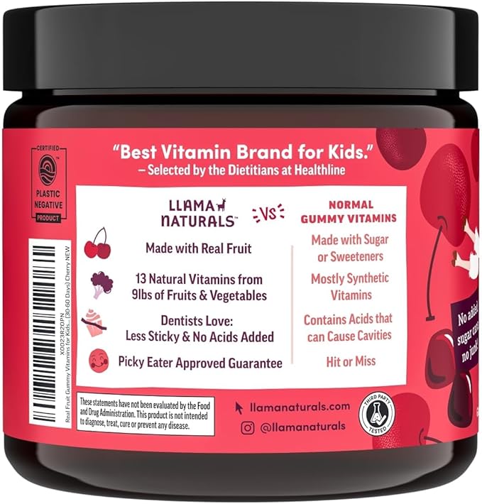 Llama Naturals Kids Multivitamin Gummies, Vegan, Organic with Vitamin D, C & K, Toddler Real Fruit Gummy Vitamins, Chewable Supplement, Whole Food Multivitamin, No Added Sugar Cane, Cherry, 90 Ct