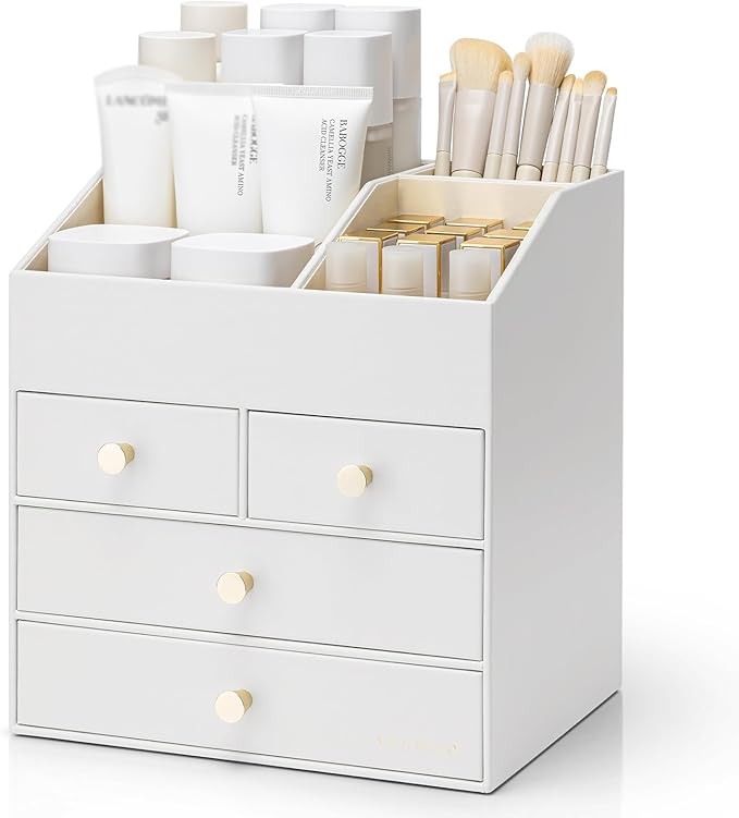 Vlando Makeup Organizer Countertop,Large Vanity Organizer PU Leather Make up Storage with 4 Drawers Skin care Organizer Cosmetic Display Case for Lipstick,Brushes,Bedroom-White
