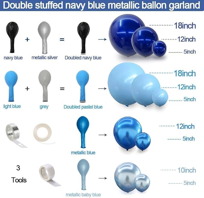 Navy Royal Blue Balloon Arch Kit Double Stuffed Metallic Blue Balloon Garland Varied Sizes for Birthdays Baby Showers Graduations Weddings Proms More Special Occasions