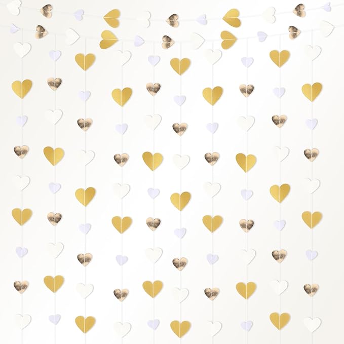 10 Pack 130ft White-Gold Holographic Heart Party Garland Asymmetrical Love Hanging Banners for Birthday, Wedding Engagement Bachelorette Party Baby Bridal Shower Decoration
