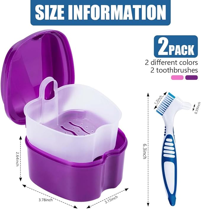 2 Pack Denture Bath Case Cup Box Holder Storage Container with Denture Cleaner Brush Strainer Basket for Travel Cleaning (Pink and Purple)