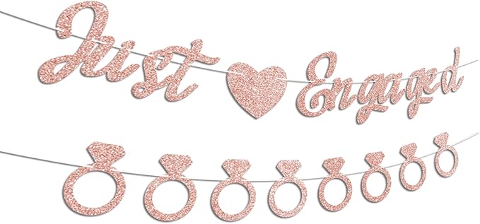 Just Engaged Banner, No DIY, Glitter Rose Gold Engagement Party Decorations and Diamond Ring Banner Sign for Bridal Shower Wedding Shower Bachelorette Party Decorations.