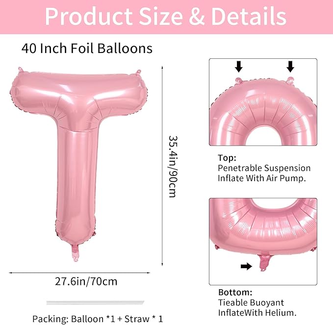 Biapian 40 Inch Letter Balloons, Light Pink Letter T Balloon Giant, Alphabet T Balloon Foil with Straw, Macaron Pink Letters Balloon for Girls Women Birthday Party Baby Shower Anniversary Decoration