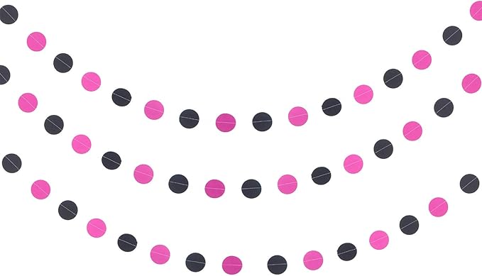 WEVEN Hot Pink and Black Paper Garland Circle Dot Party Banner Streamer Backdrop Hanging Decorations, 2" in Diameter, 3 pcs, 30 Feet in Total