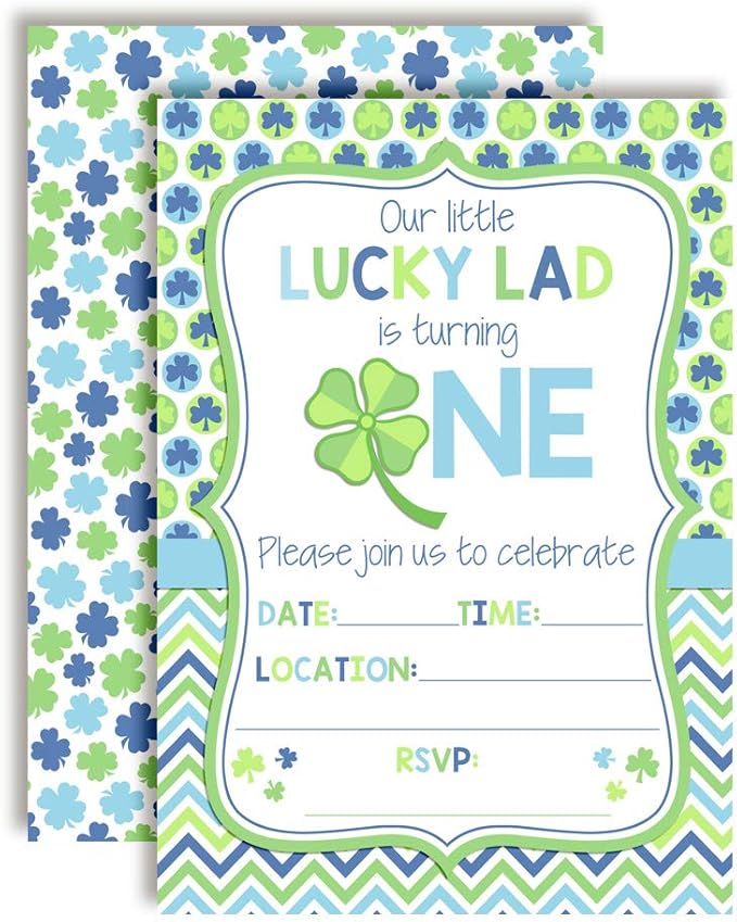 Lucky Lad First Birthday Clover St. Patrick’s Day Party Invitations for Boys, 20 5x7 Fill In Cards with Twenty White Envelopes by AmandaCreation