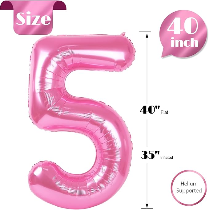 Pink Number 5 Balloon 40 Inch, 5 Balloon Number, 5th Birthday Decorations, Pink Party Supplies for Boys Girls