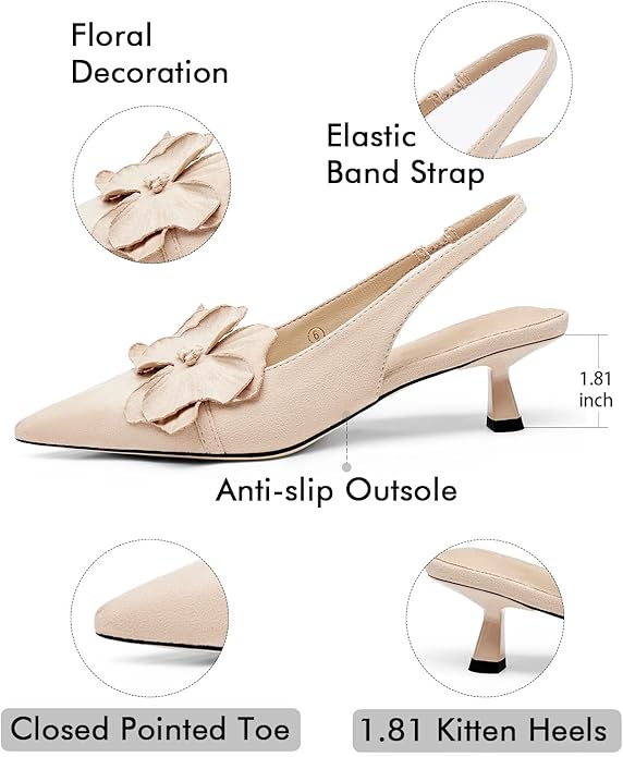 Coutgo Womens Slingback Kitten Heels Flower Closed Pointed Toe Pumps Wedding Party Dress Sandals Shoes