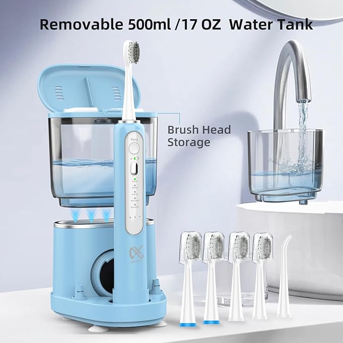 Professional Flossing Electric Toothbrush with Water Flosser, Water Flossers for Teeth 2 in 1 Toothbrush and Water Flosser Combo, Sonic Electric Toothbrush Cordless Flossing Brush (Blue)