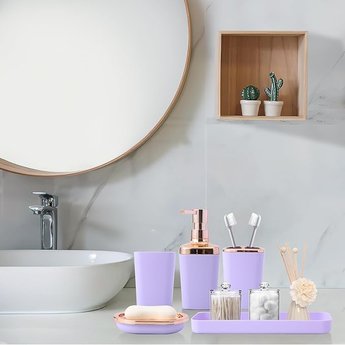 9-Piece Bathroom Accessories Set, Purple Bathroom Accessories Sets Complete with Trash Can,Tray,Soap Dispenser,Toothbrush Holder,Toothbrush Cup,Soap Dish,Toilet Brush and Q-tip Holders