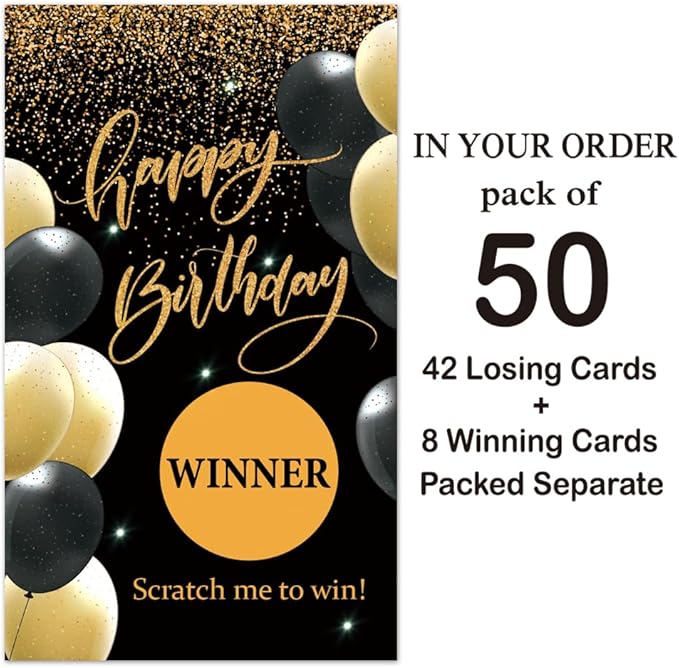 Haizct 50 Pack Happy Birthday Theme Scratch Off Card, Black Gold Balloon Scratch Card for 18th 40th 50th Birthday Tickets, Happy 50th 60th Party Supplies, Raffle Ticket Lottery Game for Group Activity