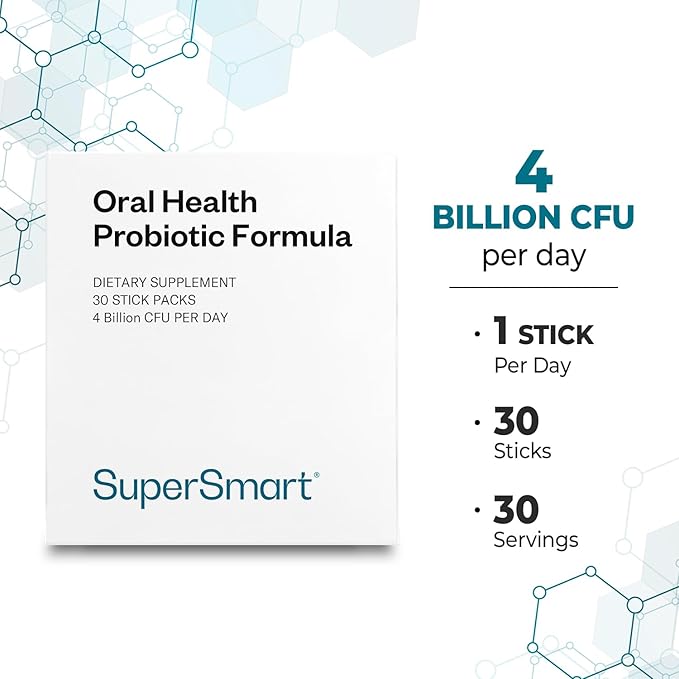 Supersmart - Oral Health Probiotics 4 Billion CFU per Day - Dental Health & Bad Breath Treatment (Halitosis) | Non-GMO & Gluten Free - 30 Sticks