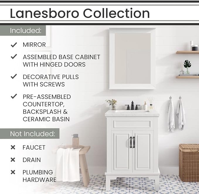 Hanover Lanesboro 24'' Vanity Cabinet with Sink Combo for Bathroom, Powder Room | Pre-Assembled Cabinet | 2 Doors | Accent Mirror | Artificial Stone Countertop, White Cabinet | HANVN0105-24-0WH