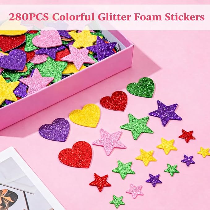 Stickers for Kids - 280 PCS Glitter Foam Reward Stickers for Kids Classroom | Self Adhesive Stars Mini Heart Shapes Glitter Stickers for Teachers Students - Arts Craft Scrapbook Supplies Party Favors