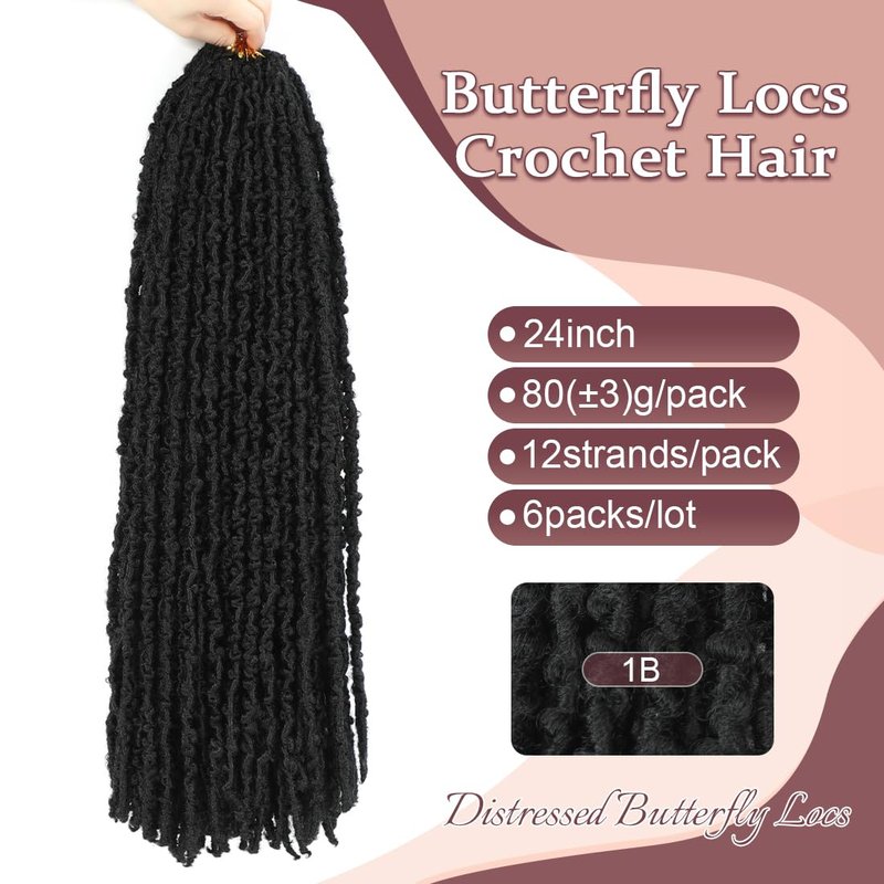 GetGal 24 inch Butterfly Locs Crochet Hair Pre Looped Distressed Faux Locs Crochet Hair for Black Women 6 Packs Butterfly Soft Locs Natural Hair Extension(24inch,1B)