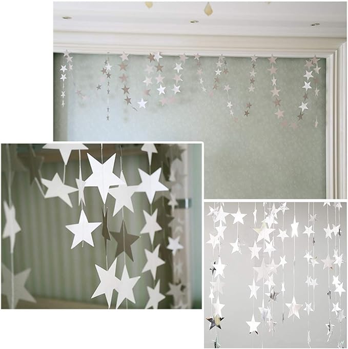 Silver Star Garland Banner Decorations - 156 Feet Bright Silver Paper Garland Hanging Decorations, Glitter Star Bunting Banner for Wedding, Birthday, Holiday, Christmas Party