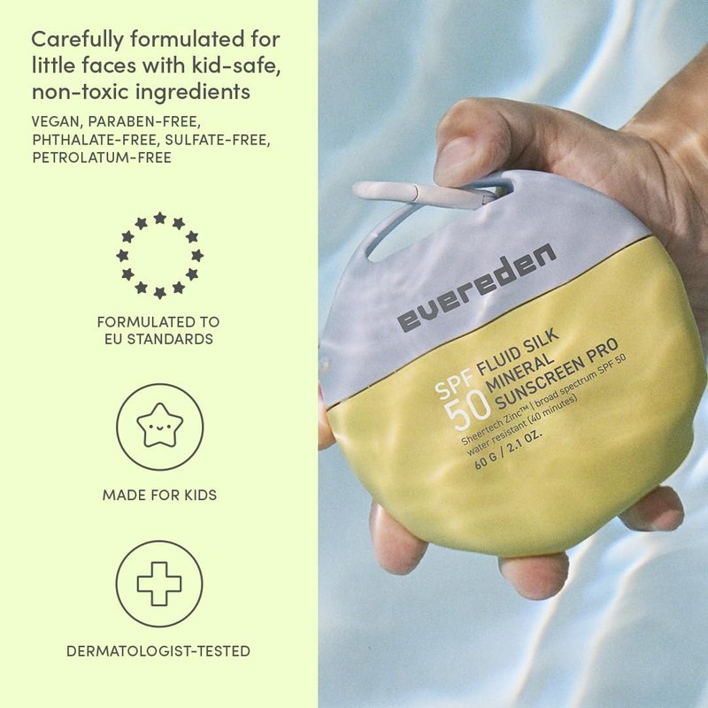 Evereden Kids Mineral Sunscreen SPF 50, Fluid Texture | Water-Resistant, Dermatologist-Tested, Sensitive Skin | Vitamin E, Argan Oil, Zinc Oxide, UVA/UVB Protection | Fragrance-Free Beach Sunscreen