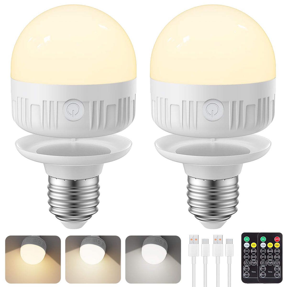 SCOPOW 2Packs E26 Rechargeable Light Bulbs with Remote Control, 5W 350lm Magnetically Battery Operated Light Bulbs 2000mAh, 3 Color Temperature, Timer, Dimmer for Non-Hardwired Lamp
