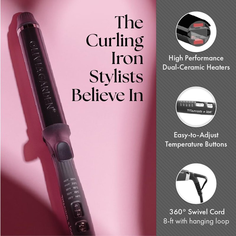 Olivia Garden Titanium + Ion Professional Curling Iron for All Hair Types - Includes Heat Resistant Heat Mat/Pouch and 1 Detangling Brush - 5 Heat Settings - 1.25” Long Barrel Diameter