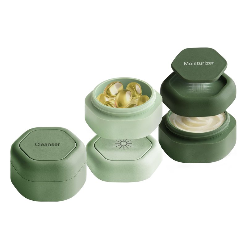 Cadence Travel Containers Basic Skincare Set - Magnetic Containers with Lids,Carry On Travel Essentials For Women/Men - 3 Small Capsules (0.56oz) - Cleanser, Moisturizer & Sun-Icon Labels - Evergreen