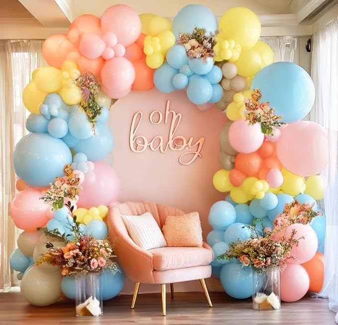 Yellow Blue Pink Balloon Arch Double Stuffed Pastel Pink Blue Yellow Peach Sand White Balloon Garland Kit for Baby Bridal Shower Birthday Wedding Fairy Easter Flower Spring Tea Party Decor