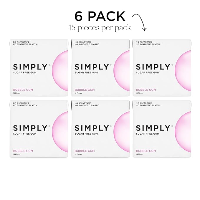 SIMPLY Gum | Dental Gum | Sugar Free Xylitol Chewing Gum | Bubblegum | Pack of Six (90 Pieces Total) | Synthetic Plastic Free + Sugar Free + Aspartame Free