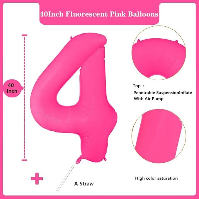 Fluorescent Rose Red Number Balloon 40 inch Giant Foil Helium Balloons Pink Number 4 Balloon for 4th Birthday Party Decorations