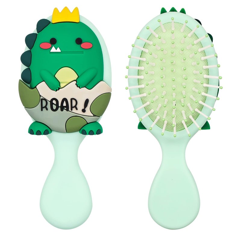 DINATIS Toddler Hair Brush - Mini Hair Brush for Kids - Travel Brush for Boys and Girls - Baby Detangler Brush for Thin Hair - Dinosaur Brushes with Air Cushion - Green