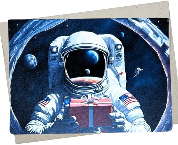Astronaut Birthday Card (7X5 Inch and Blank Inside for All Occasions) outer space birthday card, retirement note, or astronaut thank you card - 936