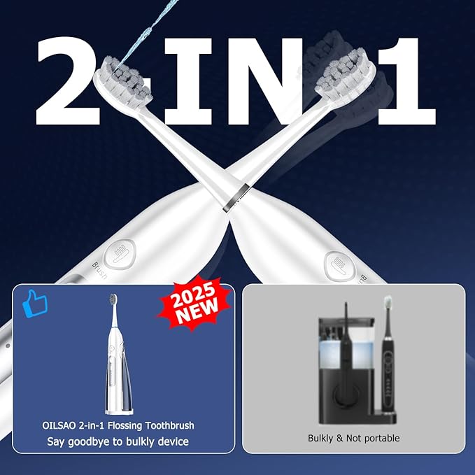 Electric Toothbrush with Water Flosser, All in One Sonic Flossing Toothbrush with 3 Modes & 5 Flossing Speeds & 4 Brush Heads, Rechargeable & Portable for Adult Teeth Cleaning