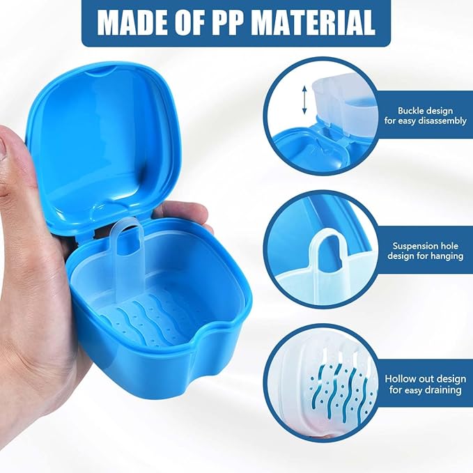 Light Blue Denture Bath Case Cup Box Holder Storage Container with Denture Cleaner Brush Strainer Basket for Travel Cleaning
