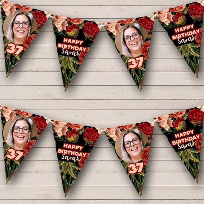 Dark Botanical Red Flowers Age Photo Personalized Birthday Party Bunting - Hanging Party Decoration - Birthday Party Banner Garland | Decorative Party Supplies