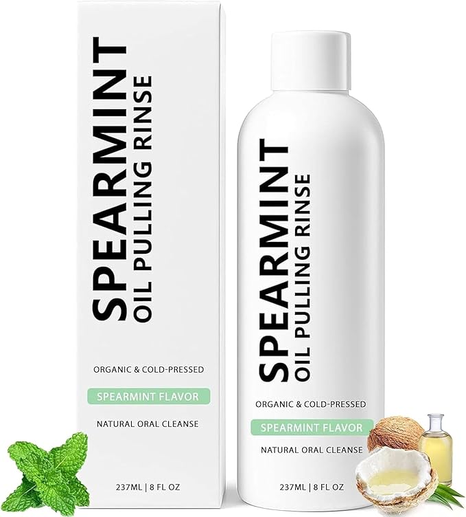 Spearmint Oil Pulling Mouthwash – Cold-Pressed Coconut Oil for Teeth Whitening, Fresh Breath & Oral Detox, 8oz