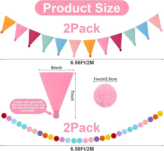 4 Pack 26.3 Feet Colorful Pom Pom Garland Felt Bunting Banner Hanging Decor, Rainbow Ball Decoration for Easter Christmas Tree Classroom Back to School Birthday Party Decorations