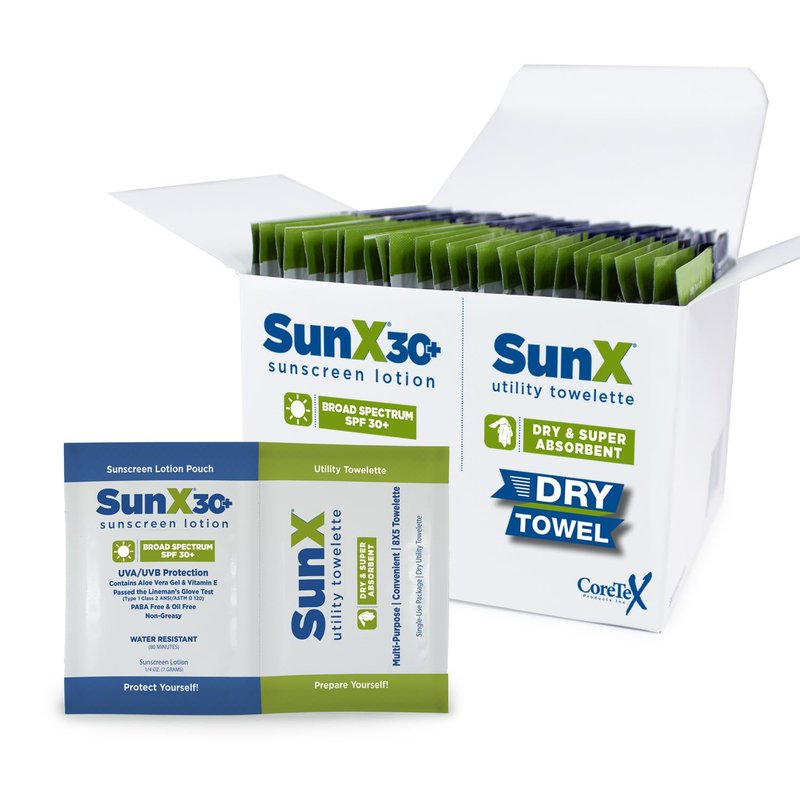 CoreTex Sun X 30+ Broad Spectrum Sunscreen Packets & Dry Towels Duo Kit - Pack of 25 Paraben, Oxybenzone, Octinoxate, & Oil Free Sunscreen - No White Cast and Water Resistant Up to 80 Minutes