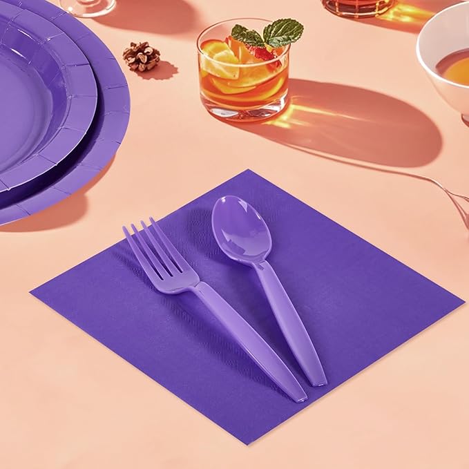 Ottin 169PCS Purple Christmas Party Supplies for 24 Guests – Disposable Paper Plates, Napkins, Cups, Forks, Knives, Spoons & Tablecloth for Birthday, Wedding, Thanksgiving, Christmas, and New Year