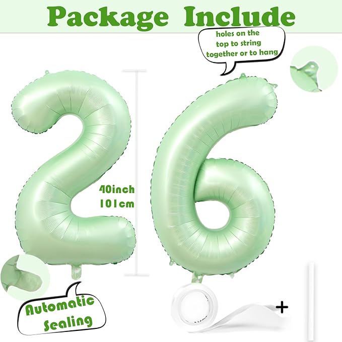 40 Inch Number 26 Balloons, Olive Green Giant Jumbo Helium Number 26 Foil Balloons for 26th 62th Birthday Party Anniversary Events Boys Girls Decorations Supplies