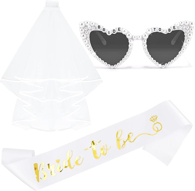 Bride to Be Set: Pearl-Trimmed Heart Sunglasses, Pearl BRIDE Sash & Tulle Veil - Bachelorette Party Bridal Accessories