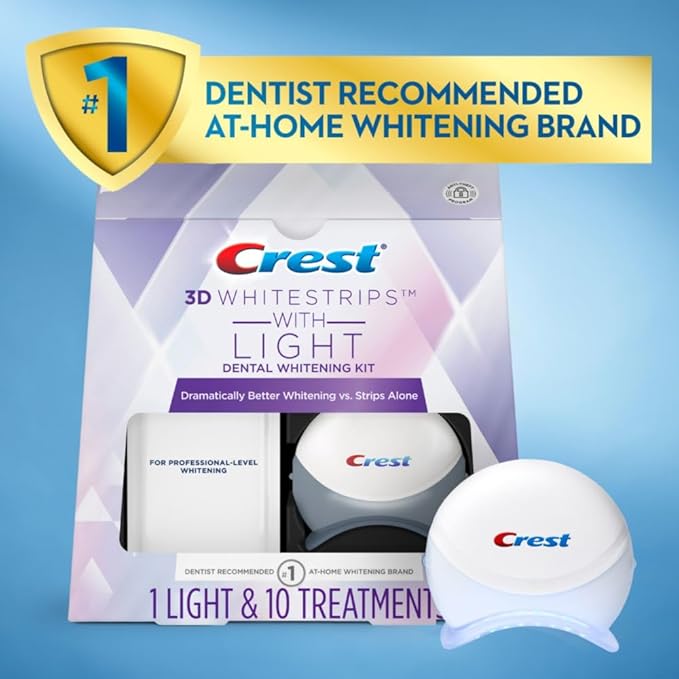 Crest 3D Whitestrips + LED Light – Teeth Whitening Kit, 1 Light + 10 Treatments, Each with 1 Upper/1Lower, 20 Strips – Crest 3DWhite Teeth Whitening Strips